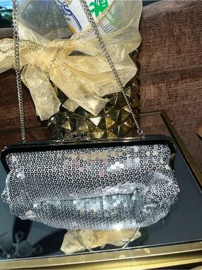 LOFT Silver Sequin Evening Clutch with Chain Strap